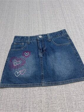 Circo Girls Blue Denim Mini Skort with Pink and White Heart Studs Size L